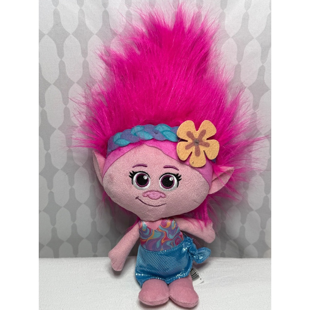 DreamWorks Trolls Poppy‎ Plush Toy Pink Hair Flower Headband Blue Skirt